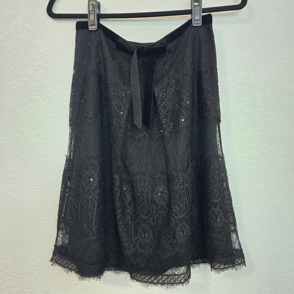 Ann Taylor Petites Black Lace Sequin A-Line Skirt Velvet Whimsigoth Bow Size‎ 4P